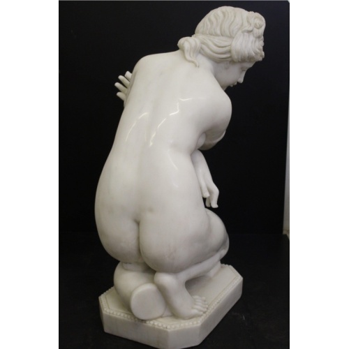 Graceful White Marble Female Statue in Kneeling Pose
