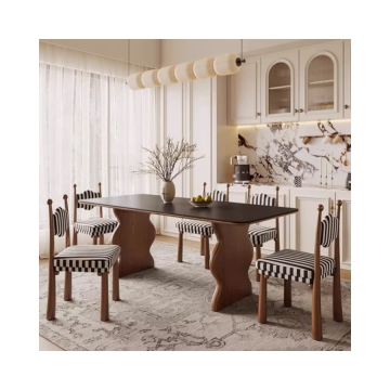 Wabi Sabi Style Nordic Dining Room Furniture: Round Marble Top Wooden Base Dining Table for 6