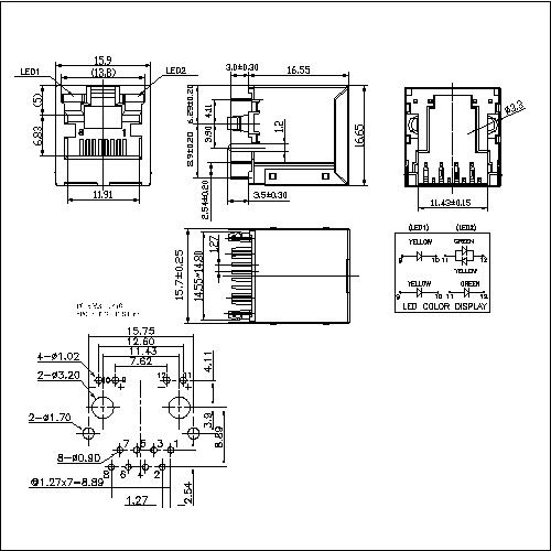 ATRJ5228-8P8C-GO-E-A-A-004 Modular Jack 8P8C Top Entry Shield With Led Jack