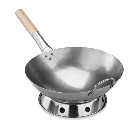 High Quality round wok 14 Inch Hand Hammered Carbon Steel Wok Set With Wooden Handle