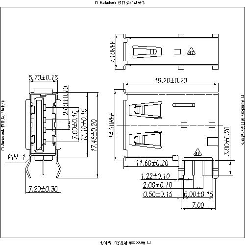 UAFR03 3-USB A Type Receptacle Angle Upright DIP 