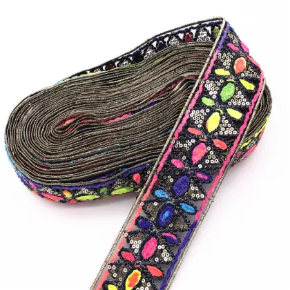 Sparkle Colorful Sequin Fabric, Brushy Space Dye Thread, Embroidery Floral Polyester Trimming for Garments and Clothing