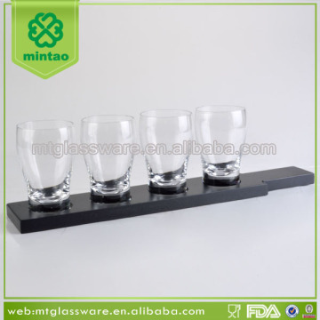 Clear 4 pcs beer glass cup with black wooden rack and plate