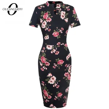 Summer Women Floral Short Sleeve Bodycon Elegant Round Neck Hole Slim Work Dress EB534