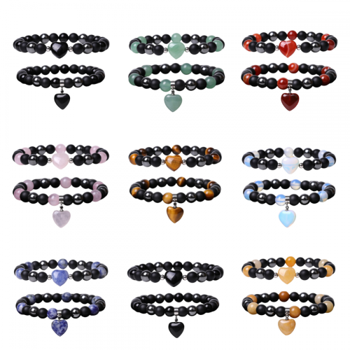 2 pc a ensemble perles rondes de pierre précieuse avec bracelets de charme de coeur