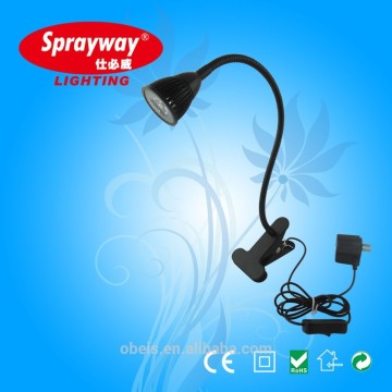 3W black long gooseneck led reading lamp with clamp