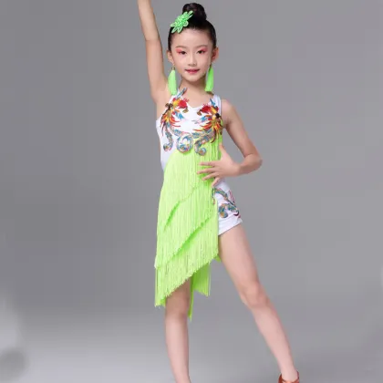 Phoenix pattern tassels competition professional Latin dance costumes girls