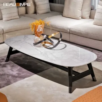 Minimalist Oval Coffee Table with Polished Marble Top
