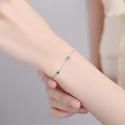 S925 Sterling Silver Green Square Diamond Simple Bracelet