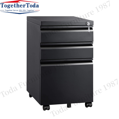 Movable three-drawer metal file cabinet with handle