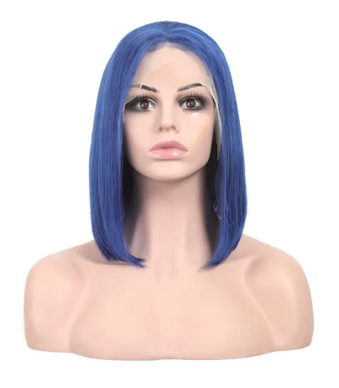 Wholesale Blue Short Bob Wig Brazilian Human Hair Colored Lace Front Wigs for Black Women