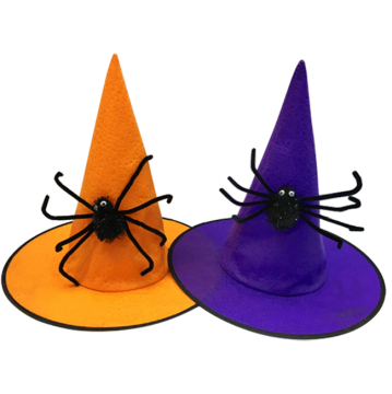 Purple Witch Hat with Black Fluffy Spider for Halloween Costume