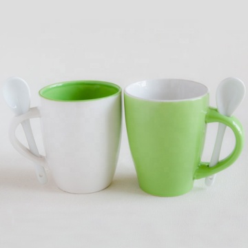 Wholesale Double Color 300ml Ceramic Coffee Mug With Spoon For Promotion