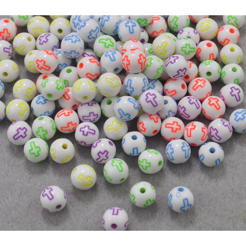 8MM&10MM Acrylic Round White Beads With Neon Color Corss Spacer Cross Pattern Chunky Beads