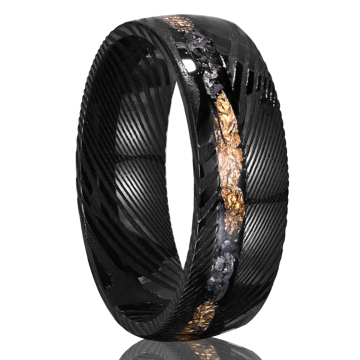 8mm Black Plated Damascus Meteorite and Gold Leaf Inlay Men's Wedding Ring
