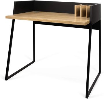 Small Computer Desk with Tray and Built-in Charging Station - Walnut Finish