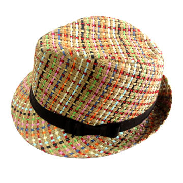 Straw Fedora Hat in Plaid Pattern