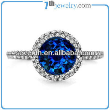 2013 Beautiful Big Round Sapphire Brass Rhodium Plated Finger Ring Wedding/Engagement Rings With Blue CZ Diamonds