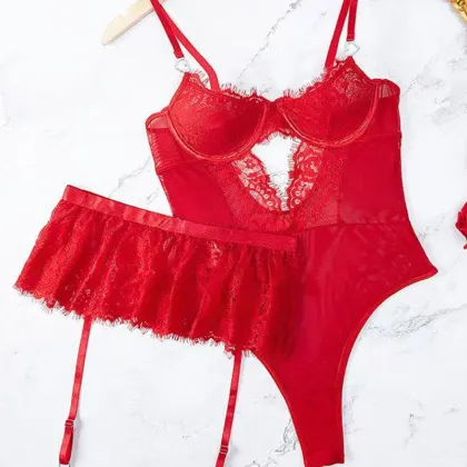 Womens Sexy Underwear Red Lace Lingerie Set