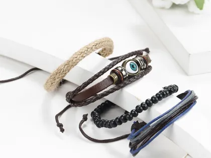 Multi Layers Wooden Bead Bracelet Eye Charm Leather Bangle