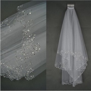 White Ivory Woman Bridal Veils 2021 Wedding Veils 2 Layers 75 CM Handmade Sequins Beaded Edge With Comb Wedding Accessories