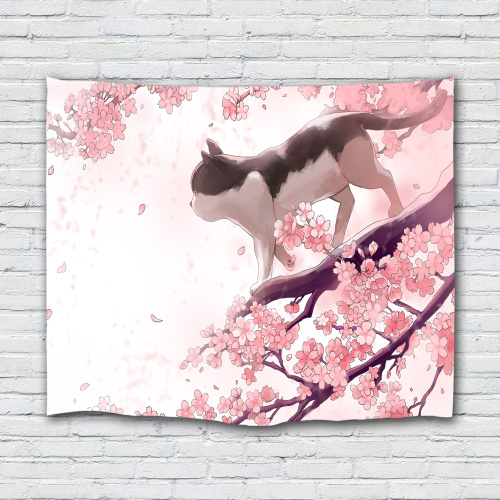 Sakura Tapestry Wall Hanging Flower Cat Cherry Blossoms Wall Tapestry Pink Nature Spring Wall Art for Livingroom Bedroom Home Do