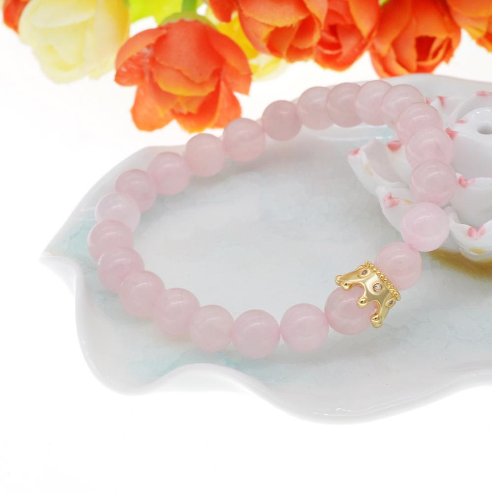 Bracelet fait main avec couronne en or rose et quartz avec perles rondes de 8mm, femmes