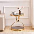mesa de sofá compacta de vidrio templado doble y detalles dorados