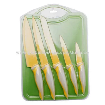 Yellow Non-stick Coating Knife Set with Chopping Board