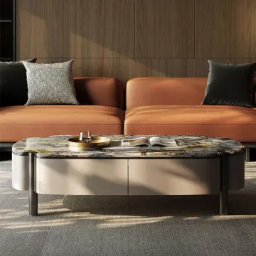 Custom Modern Walnut Solid Wood Coffee Table with Marble Top