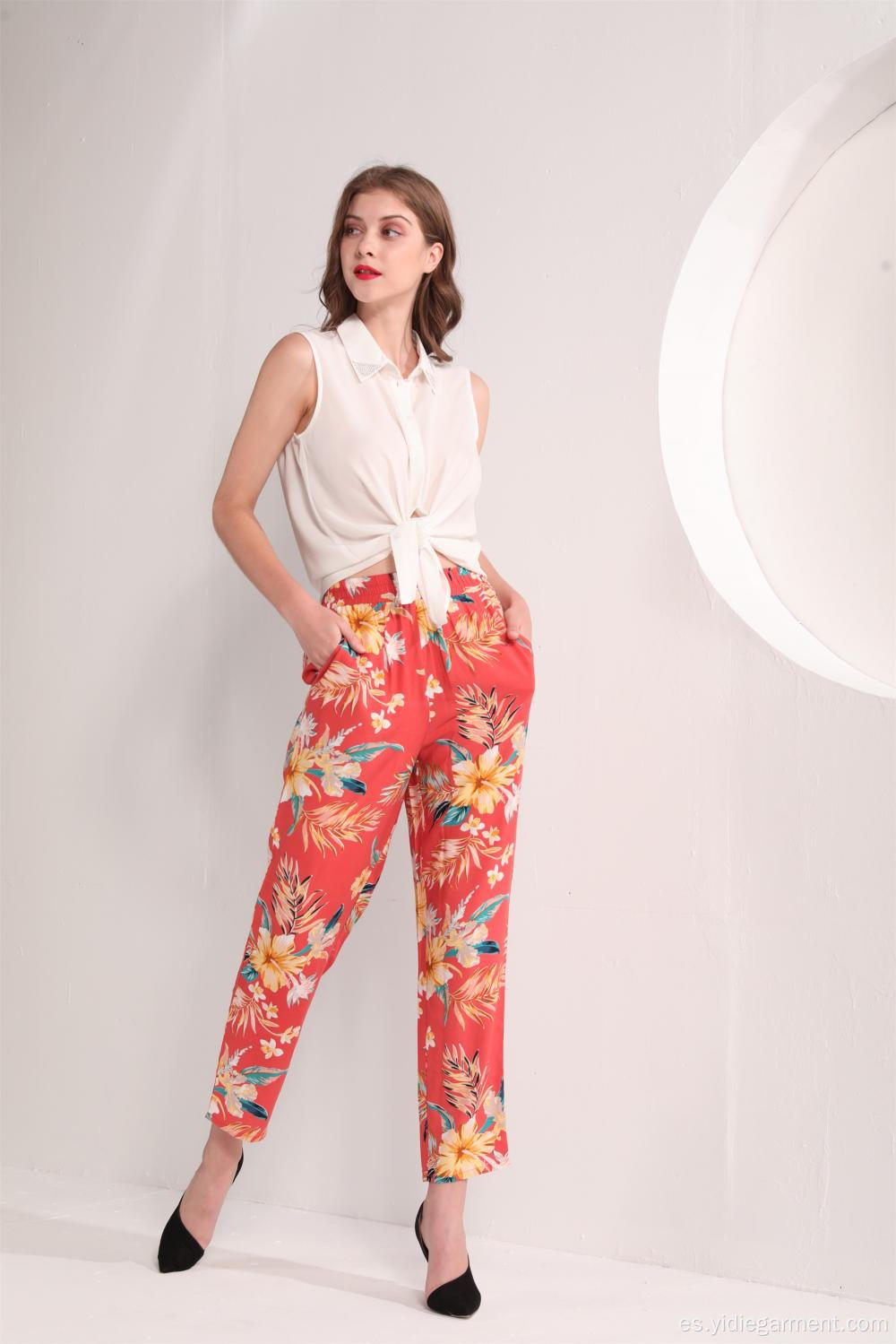 Pantalones de tobillo con estampado floral tropical para mujer