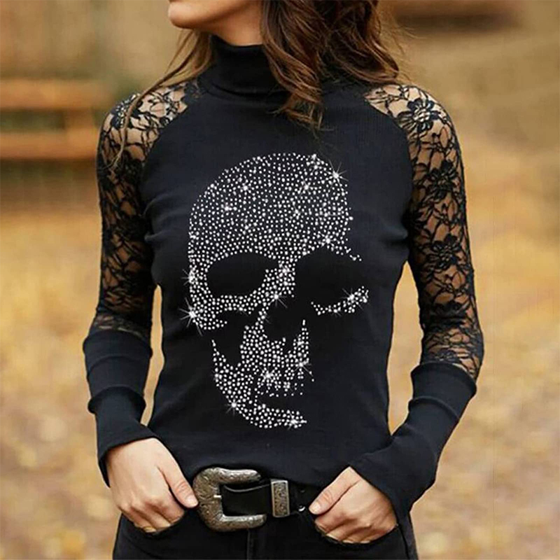 Womens Turtleneck Lace Top Sexy Black