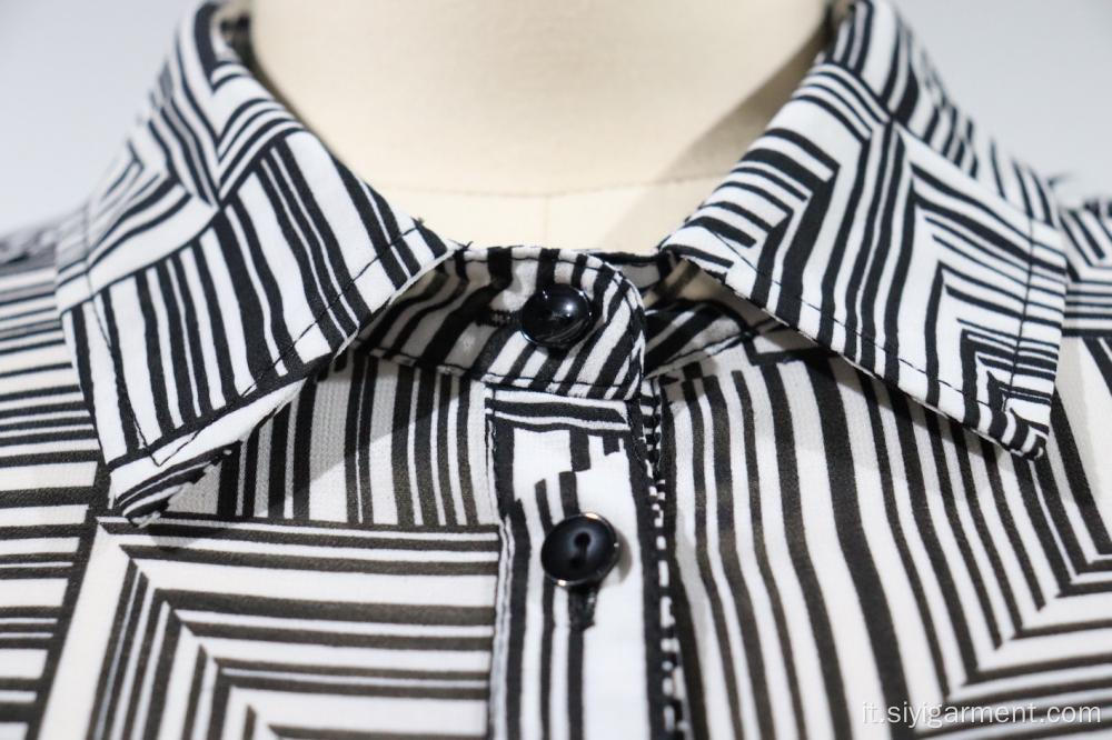 Camicia a maniche lunghe stampata in chiffon da donna con colletto in piedi