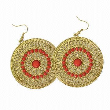 18K Gold Round Metal Chandelier Earrings with Red Acrylic Diamond