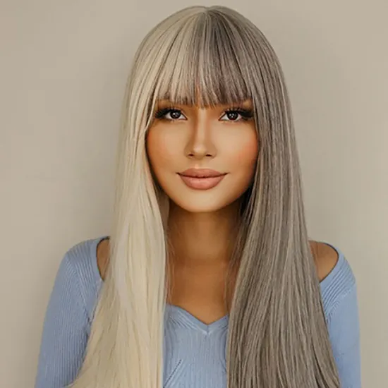 Wholesale Golden and Gray Wig With Bangs Long Straight Synthetic Women's Hair Two-Color Half-Gray Half-Gold Wig Cosplay Party