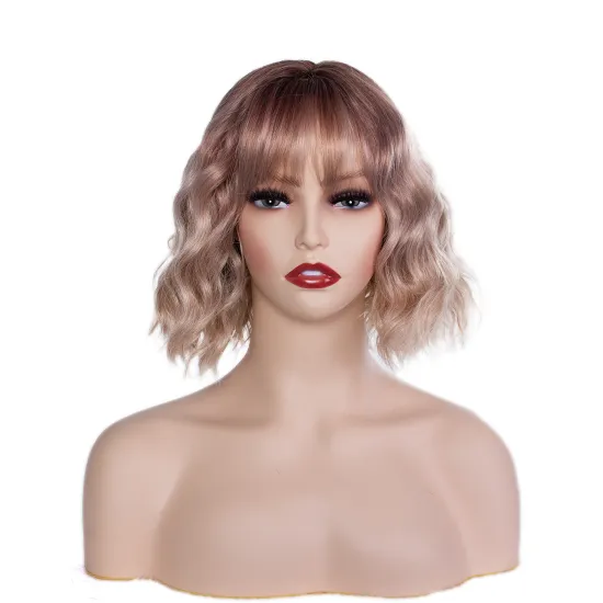 lolita stort fiber ombre pink to blonde natural wave staight bangs soft and comfort synthetic hair wigs for women