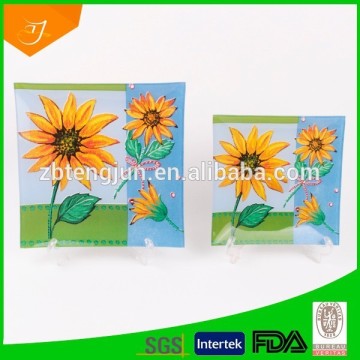 clear glass dinner plate with square shape, square plate with printing, clear glass palte