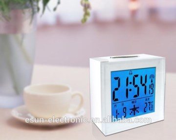 Acrylic lens high resolution LCD digital desktop table snooze alarm RCC Radio controlled weather station clock/DCF clock