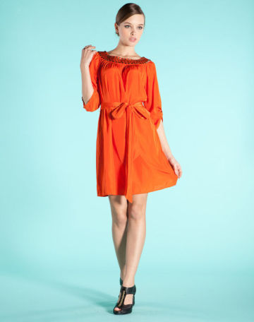 Chiffon Short Flared Dresses With Waistband , Half Sleeve Knee Dress