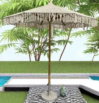 9 ft Pulley Lift Outdoor Patio Rope Beach Umbrella Bohemian Style with Tassel Macrame Parasol