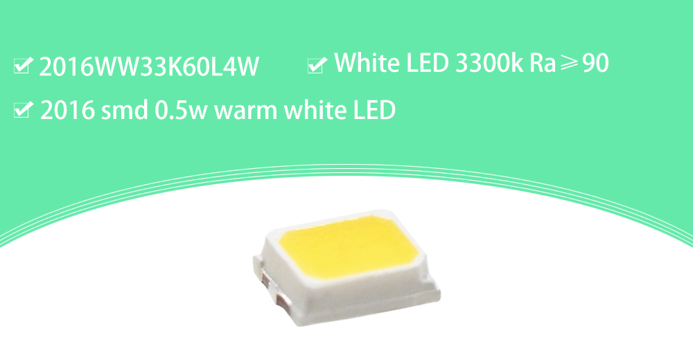 2016WW33K60L4W High CRI LED 2016 SMD 0.5W warm White 3200-3500K