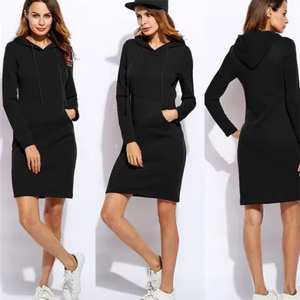 100% Polyester Women's Slim Fit Hooded Sweatshirt Dress