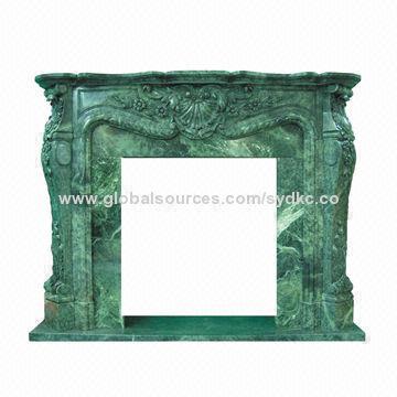 Freestanding Green Natural Marble Fireplace Mantel, 100% Hand Carved