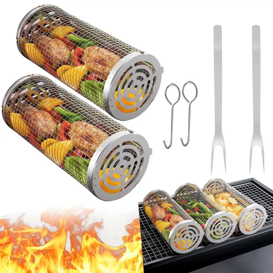Wholesale 304 stainless steel Bbq Grill Grilling Basket Cylinder grill smoked mesh drum barbecue tools