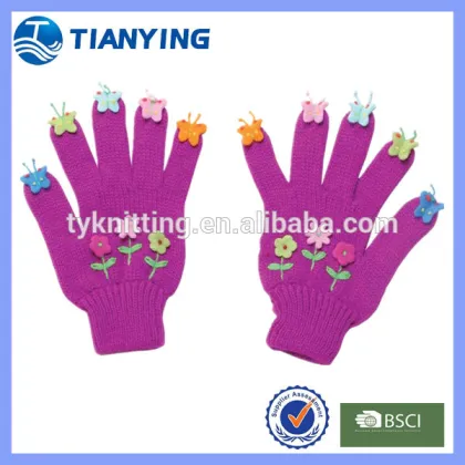 Red embroidered bird five fingers knitted gloves
