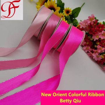 OEM Polyester Printing Double and Single Satin with Gold/Silver Tirm Ribbon for Gifts/Christmas/Xmas/Packing/Wrapping/Garments