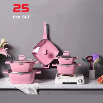 Set di pentole in alluminio antiaderente a 25 pezzi: pentole, padelle e collezione di padelle quadrate
