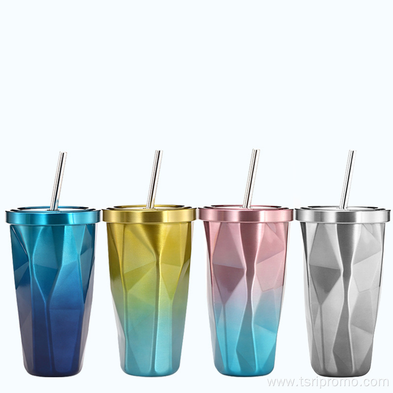 Stainless steel rhombus cup with straw