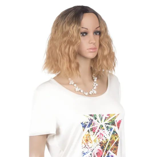 12" Women Short Ombre Blonde Curly Wavy Human Hair Wigs Straight Synthetic Wigs Curved Parting with Baby Hairs For Black Woman