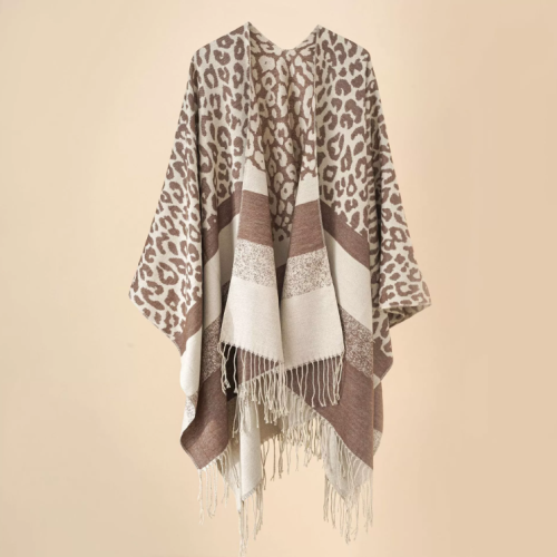 Winter Leopard Stripe Fashion Shawl Poncho Fringe